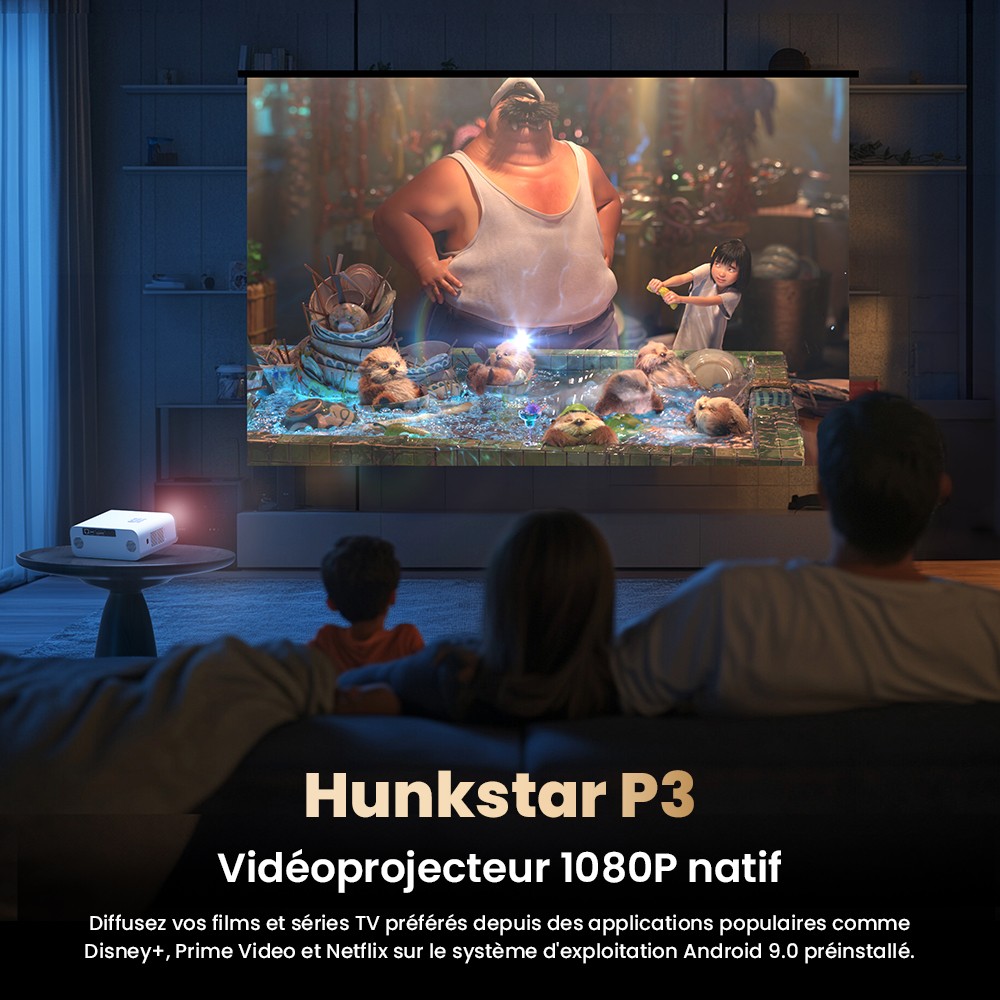 Projecteur Android Hunkstar P3 1000 ANSI, 1080P natif, d&eacute;codage 4K, HDR10, correction automatique du trap&egrave;ze et mise au point automatique, Android 9.0, Bluetooth 5.0, WiFi 6, 2 haut-parleurs 5 W