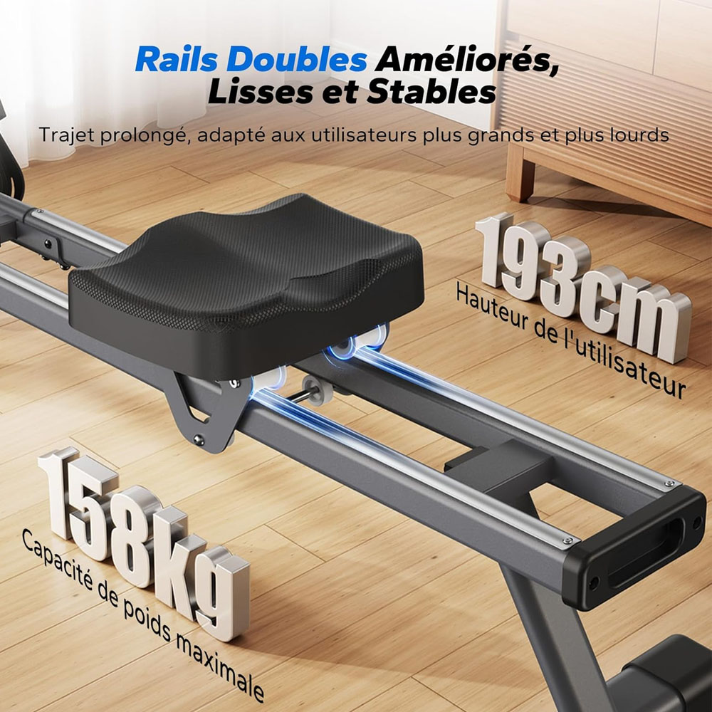 MERACH Q1S Rameur Magn&eacute;tique, 16 Niveaux R&eacute;sistance, 160kg Capacit&eacute;, Double Rail, LCD, Compatible App, R&eacute;glage Manuel, Noir