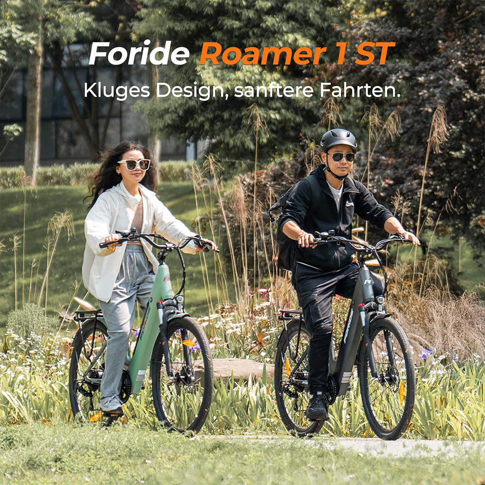 Foride Roamer 1 Step-Thru-Elektrofahrrad, 250-W-Motor, 36-V-13-Ah-Akku, 27,5-Zoll-Reifen, 25 km/h H&ouml;chstgeschwindigkeit, 100 km maximale Reichweite, Scheibenbremse, Federung mit Sperre, Shimano 7-Gang-Schaltung &ndash; Gr&uuml;n