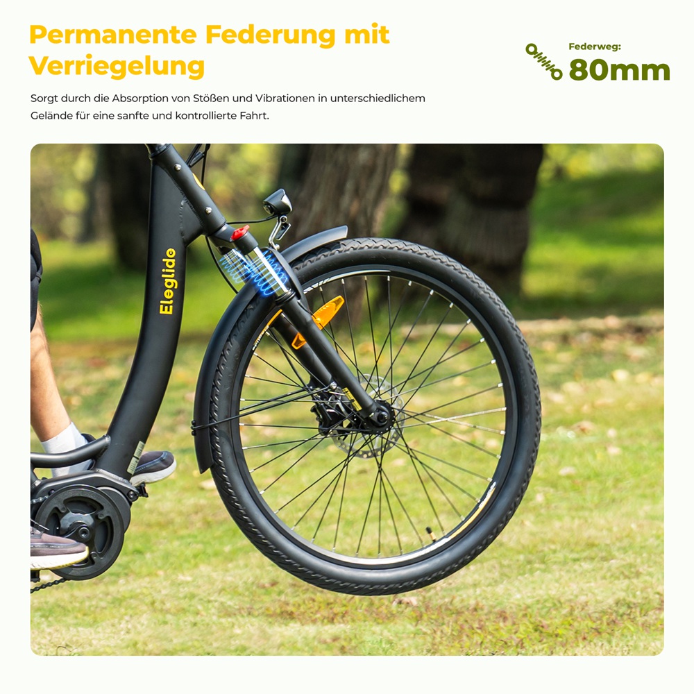 Eleglide C2 Elektrofahrrad, 250-W-Mittelmotor, 36-V-13-Ah-Akku, 26-Zoll-Reifen, 25 km/h H&ouml;chstgeschwindigkeit, 100 km Reichweite, hydraulische Scheibenbremse, Federung mit Sperre, Shimano 7-Gang
