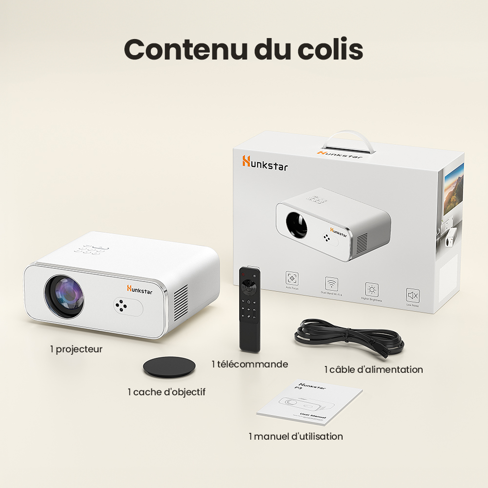 Projecteur Android Hunkstar P3 1000 ANSI, 1080P natif, d&eacute;codage 4K, HDR10, correction automatique du trap&egrave;ze et mise au point automatique, Android 9.0, Bluetooth 5.0, WiFi 6, 2 haut-parleurs 5 W