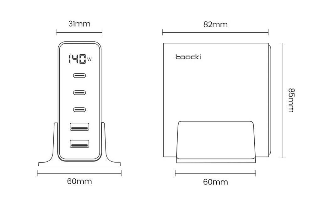 Toocki 140W GaN USB Charger, 5-in-1 Fast Charge, LED Display, for iPhone, Xiaomi Smartphone, Laptop, Black