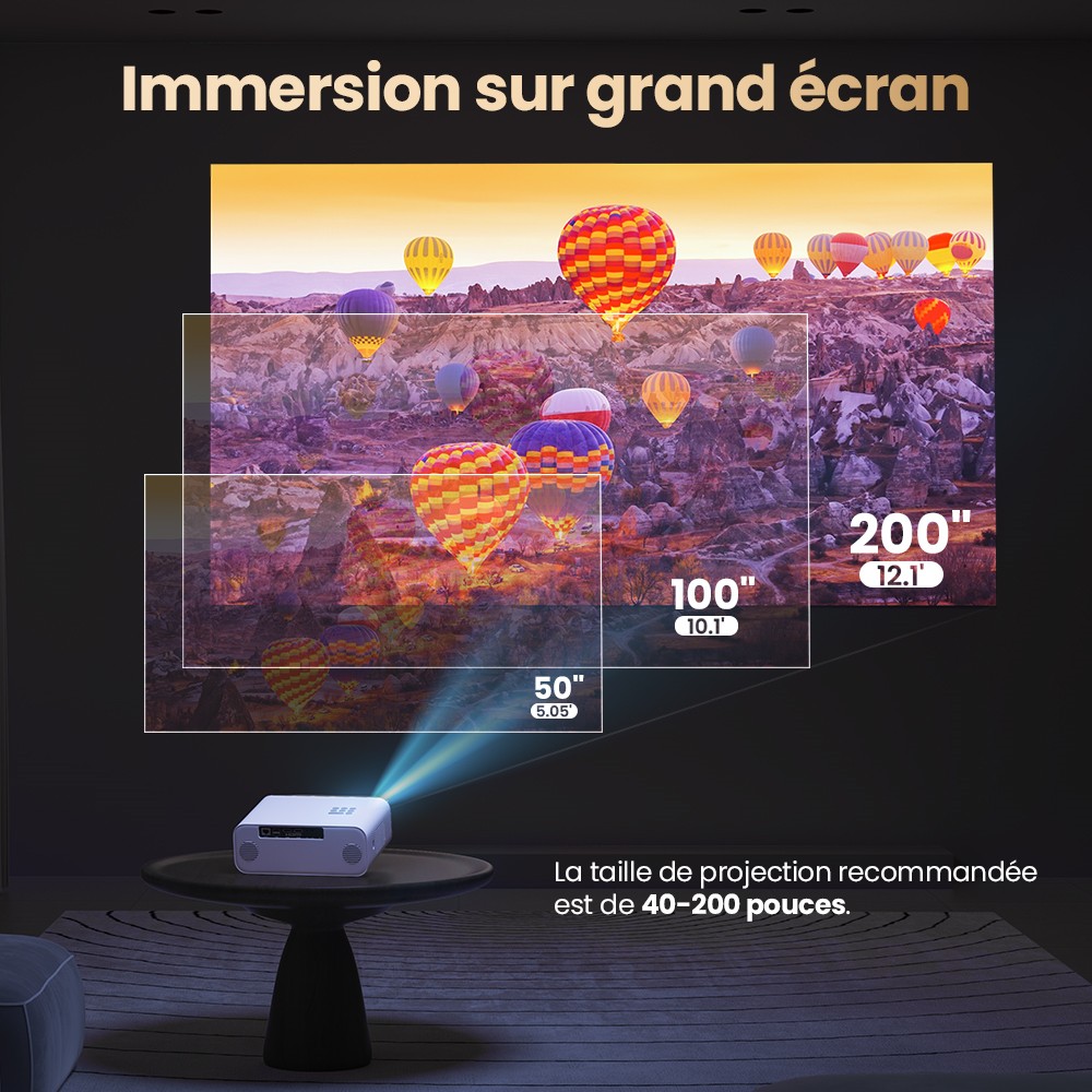 Projecteur Android Hunkstar P3 1000 ANSI, 1080P natif, d&eacute;codage 4K, HDR10, correction automatique du trap&egrave;ze et mise au point automatique, Android 9.0, Bluetooth 5.0, WiFi 6, 2 haut-parleurs 5 W