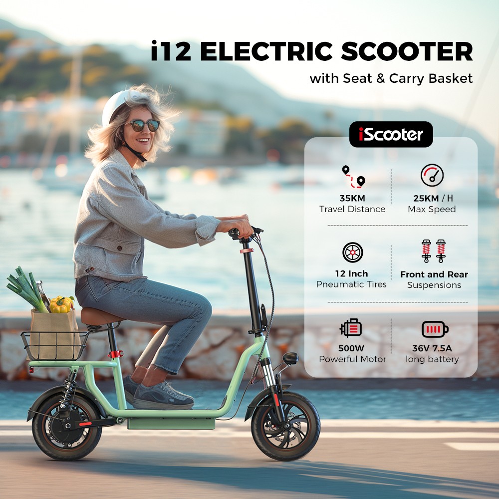 iScooter i12 Electric Scooter with Seat & Rear Basket, 500W Motor, 36V 7.5Ah batéria, 12-palcová pneumatická pneumatika, max. rýchlosť 25 km/h, max. dojazd 35 km, dvojkotúčové brzdy, dvojité tlmenie nárazov - zelená
