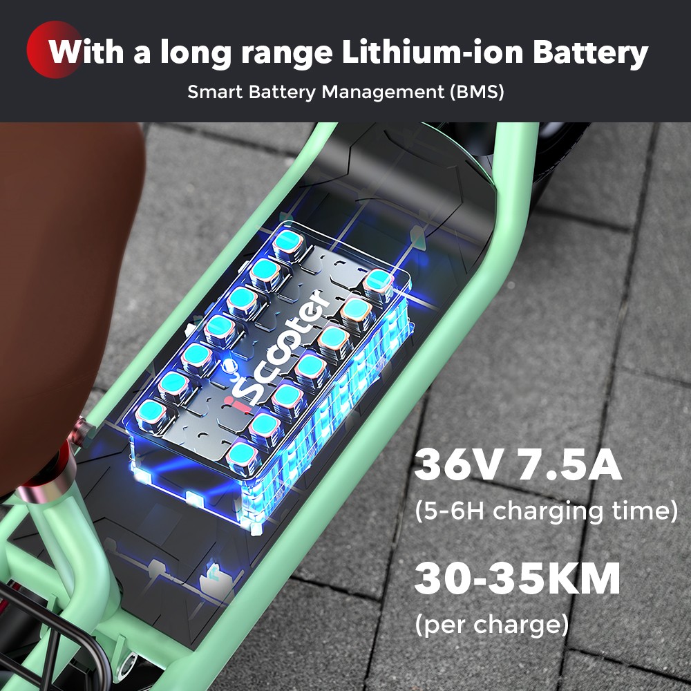 iScooter i12 Electric Scooter with Seat & Rear Basket, 500W Motor, 36V 7.5Ah batéria, 12-palcová pneumatická pneumatika, max. rýchlosť 25 km/h, max. dojazd 35 km, dvojkotúčové brzdy, dvojité tlmenie nárazov - zelená