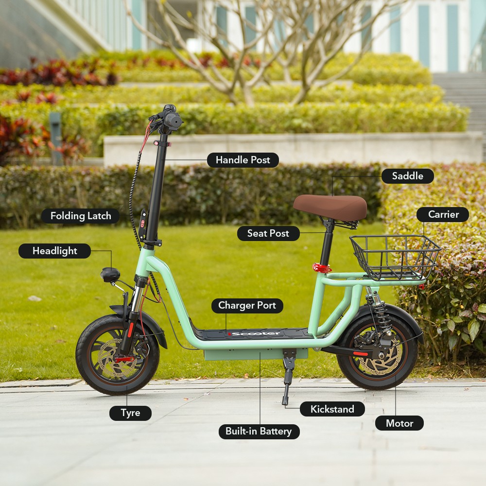 iScooter i12 Electric Scooter with Seat & Rear Basket, 500W Motor, 36V 7.5Ah batéria, 12-palcová pneumatická pneumatika, max. rýchlosť 25 km/h, max. dojazd 35 km, dvojkotúčové brzdy, dvojité tlmenie nárazov - zelená