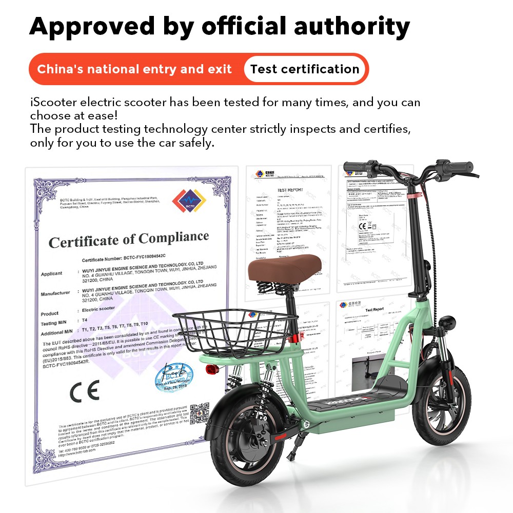 iScooter i12 Electric Scooter with Seat & Rear Basket, 500W Motor, 36V 7.5Ah batéria, 12-palcová pneumatická pneumatika, max. rýchlosť 25 km/h, max. dojazd 35 km, dvojkotúčové brzdy, dvojité tlmenie nárazov - zelená