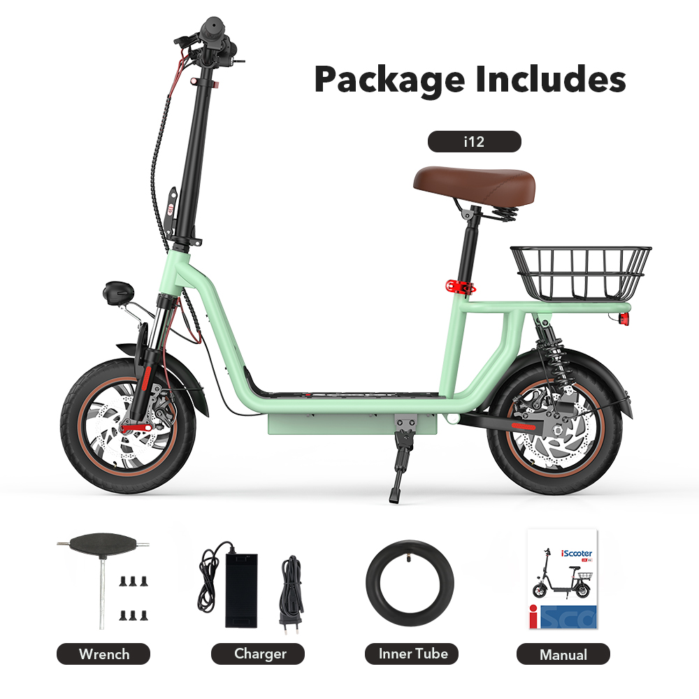 iScooter i12 Electric Scooter with Seat & Rear Basket, 500W Motor, 36V 7.5Ah batéria, 12-palcová pneumatická pneumatika, max. rýchlosť 25 km/h, max. dojazd 35 km, dvojkotúčové brzdy, dvojité tlmenie nárazov - zelená