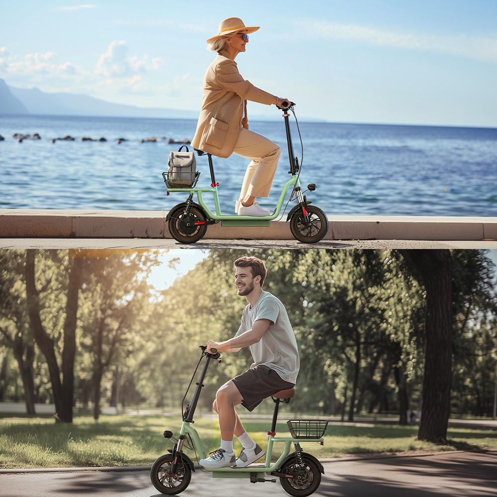 iScooter i12 Electric Scooter with Seat & Rear Basket, 500W Motor, 36V 7.5Ah batéria, 12-palcová pneumatická pneumatika, max. rýchlosť 25 km/h, max. dojazd 35 km, dvojkotúčové brzdy, dvojité tlmenie nárazov - zelená