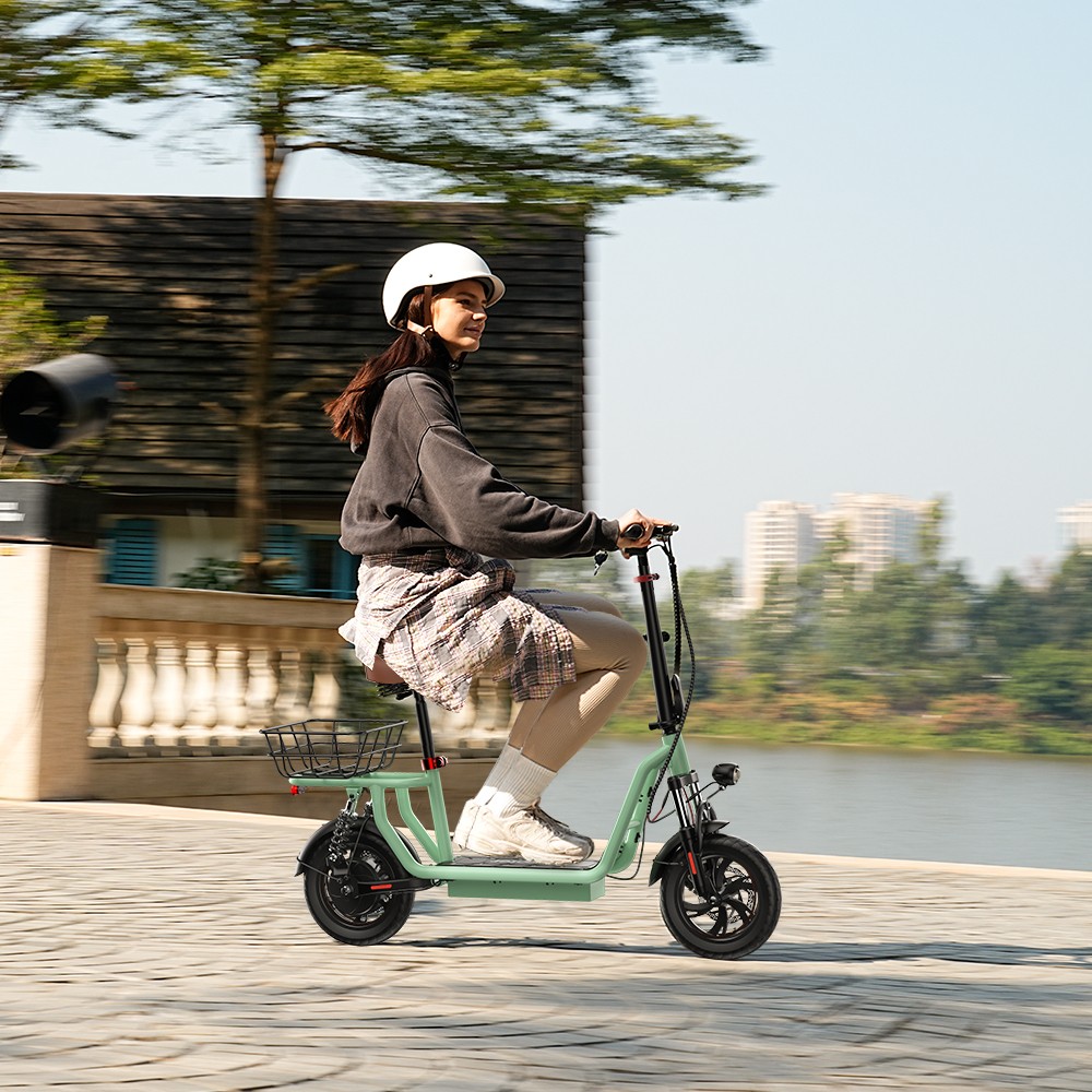 iScooter i12 Electric Scooter with Seat & Rear Basket, 500W Motor, 36V 7.5Ah batéria, 12-palcová pneumatická pneumatika, max. rýchlosť 25 km/h, max. dojazd 35 km, dvojkotúčové brzdy, dvojité tlmenie nárazov - zelená