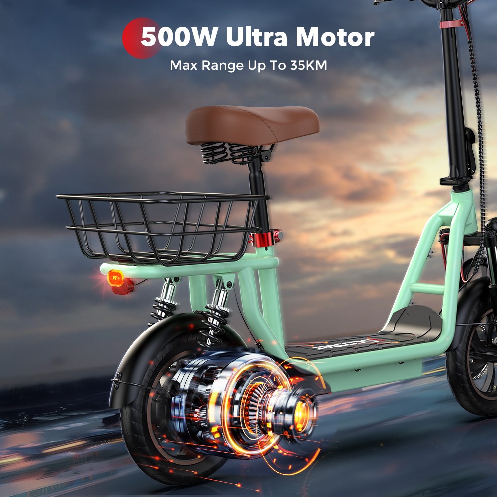 iScooter i12 Electric Scooter with Seat & Rear Basket, 500W Motor, 36V 7.5Ah batéria, 12-palcová pneumatická pneumatika, max. rýchlosť 25 km/h, max. dojazd 35 km, dvojkotúčové brzdy, dvojité tlmenie nárazov - zelená