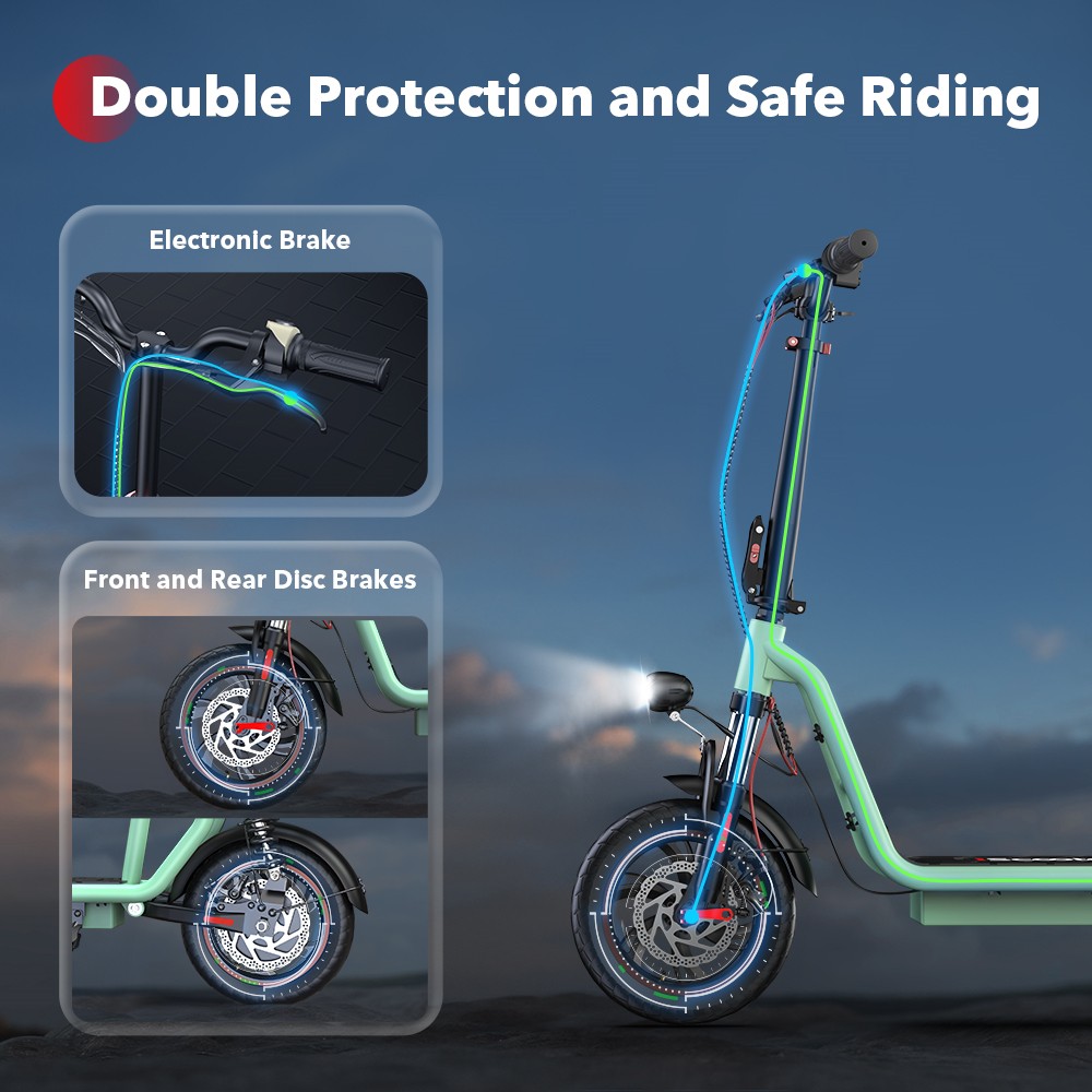iScooter i12 Electric Scooter with Seat & Rear Basket, 500W Motor, 36V 7.5Ah batéria, 12-palcová pneumatická pneumatika, max. rýchlosť 25 km/h, max. dojazd 35 km, dvojkotúčové brzdy, dvojité tlmenie nárazov - zelená