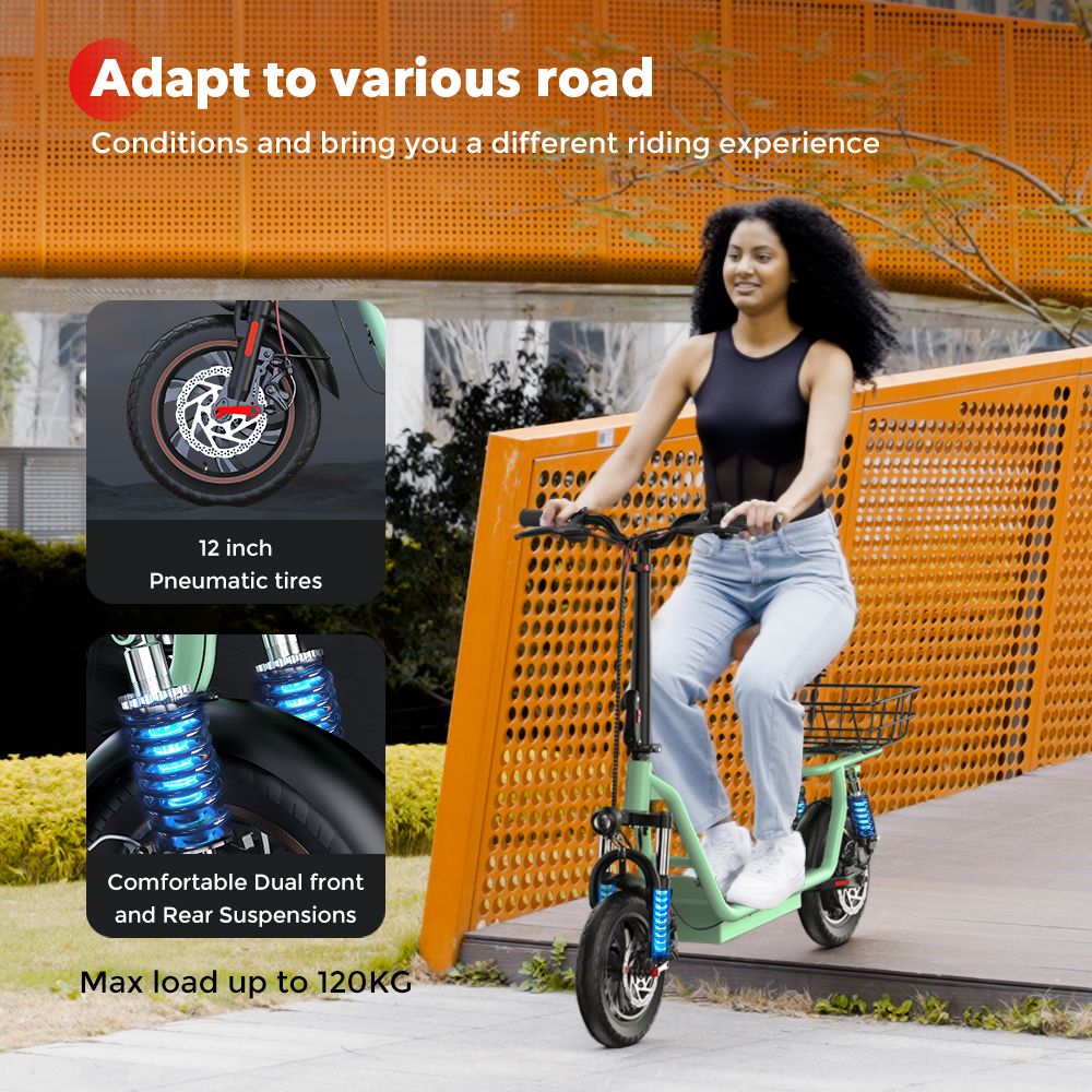 iScooter i12 Electric Scooter with Seat & Rear Basket, 500W Motor, 36V 7.5Ah batéria, 12-palcová pneumatická pneumatika, max. rýchlosť 25 km/h, max. dojazd 35 km, dvojkotúčové brzdy, dvojité tlmenie nárazov - zelená