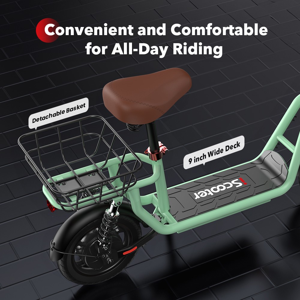 iScooter i12 Electric Scooter with Seat & Rear Basket, 500W Motor, 36V 7.5Ah batéria, 12-palcová pneumatická pneumatika, max. rýchlosť 25 km/h, max. dojazd 35 km, dvojkotúčové brzdy, dvojité tlmenie nárazov - zelená