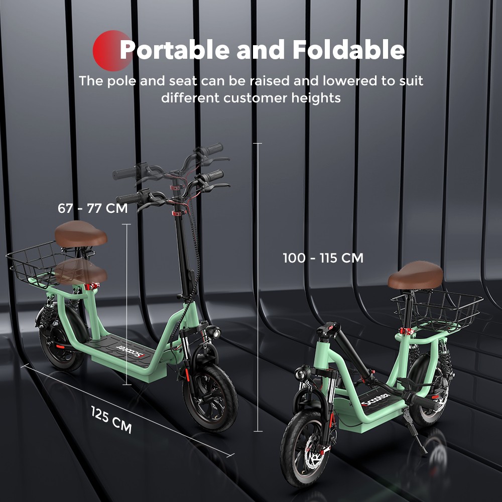 iScooter i12 Electric Scooter with Seat & Rear Basket, 500W Motor, 36V 7.5Ah batéria, 12-palcová pneumatická pneumatika, max. rýchlosť 25 km/h, max. dojazd 35 km, dvojkotúčové brzdy, dvojité tlmenie nárazov - zelená