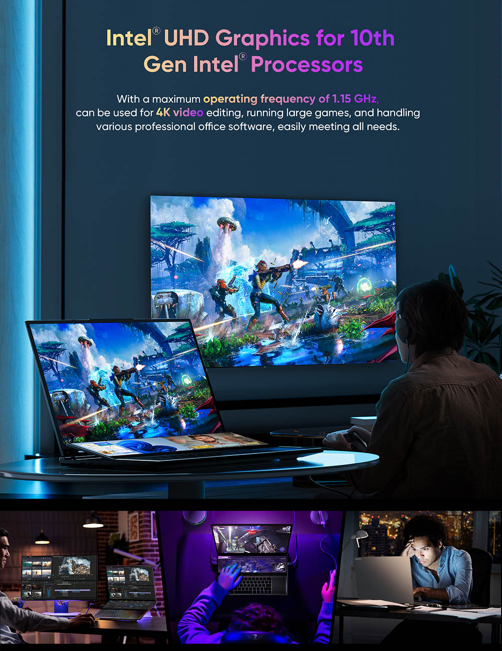 N-one NBook Fly two screens Laptop Intel&reg; Core&trade; i7-10850H 2.7Ghz  16inch 1920*1200 Full-screen  14inch 1920*550 RAM:16GB DDR4  ROM:1TBSSD   1.0MP Camera 11.4V 51Wh  Windows 11pro  USB3.0*3 USB-c *1