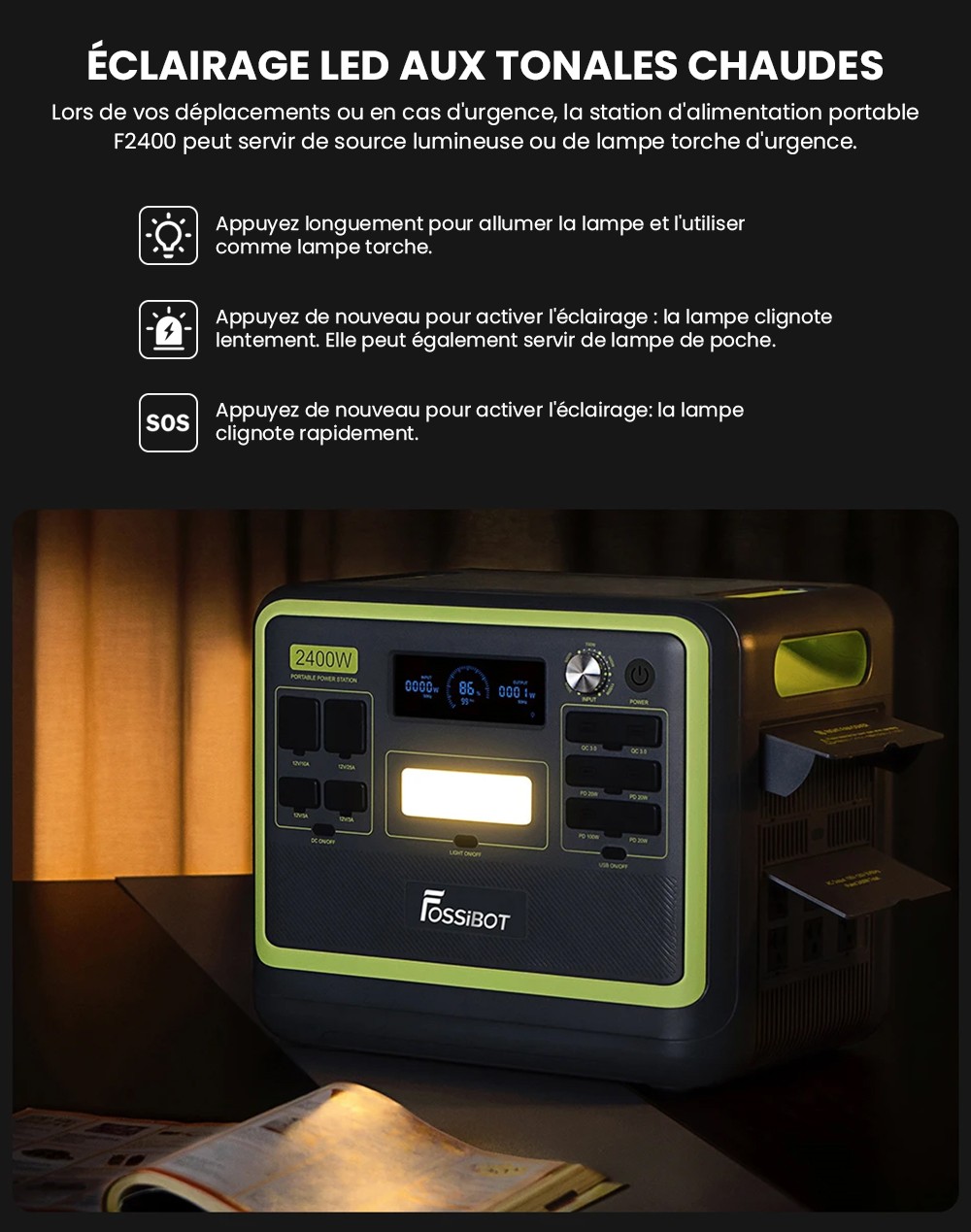 Centrale &eacute;lectrique portable FOSSiBOT F2400, batterie LiFePO4 2048 Wh/640&nbsp;000 mAh, g&eacute;n&eacute;rateur solaire 2&nbsp;400 W (4&nbsp;600 W en cr&ecirc;te), 3 prises AC RV Car USB Type-C QC3.0 PD DC5521 &agrave; onde sinuso&iuml;dale pure, charge rapide en 1,5 heure, contr&ocirc;leur de charge MPPT BMS - Noir