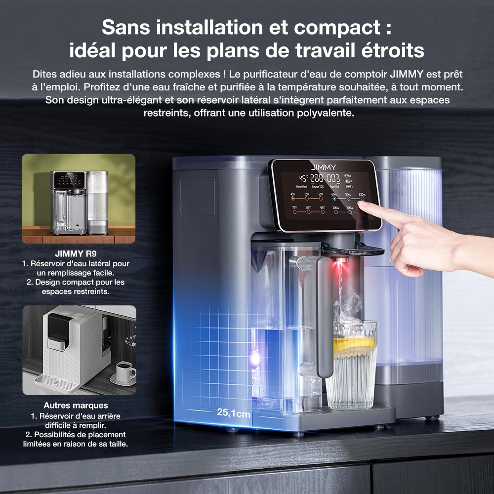JIMMY R9 Purificateur d'Eau &agrave; Osmose Inverse pour Plan de Travail, 7 &Eacute;tapes + UV + Min&eacute;ralisation, Chauffage 3s, 7 Temp&eacute;ratures, Ratio 3:1, Gris