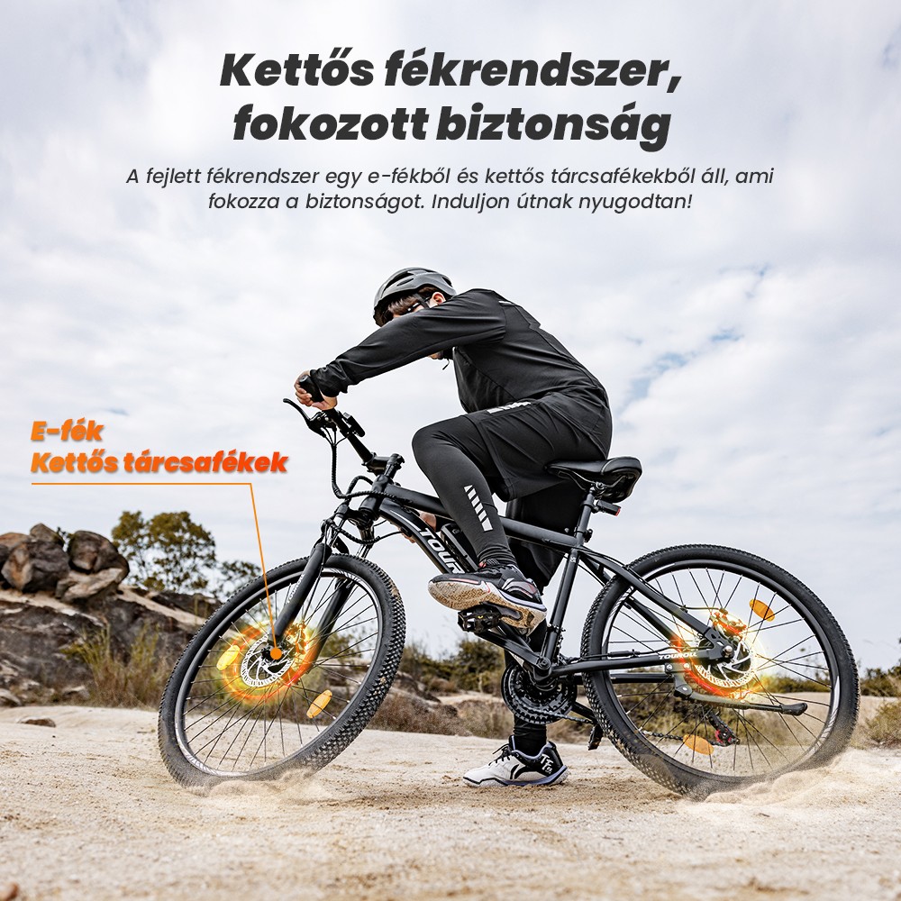 Touroll U1 26 h&uuml;velykes elektromos hegyiker&eacute;kp&aacute;r 250 W-os motorral, 36 V 13 Ah kivehető akkumul&aacute;torral, 65 km-es max. hat&oacute;t&aacute;vols&aacute;ggal, Shimano 21 sebess&eacute;ges hajt&aacute;sl&aacute;nccal, Shimano 21 sebess&eacute;ges t&aacute;rcsaf&eacute;kkel, IPX4 v&iacute;z&aacute;ll&oacute;s&aacute;ggal - fekete