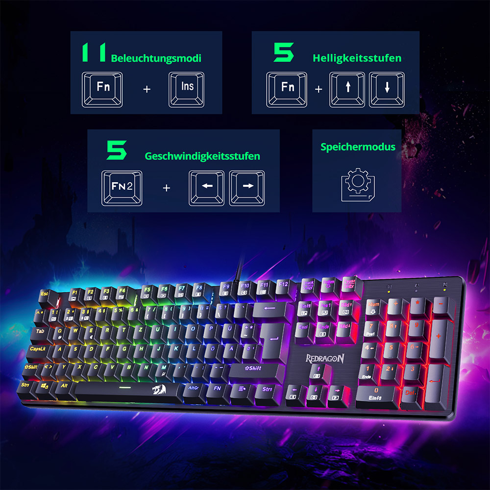 Redragon K671-DE Mechanische Tastatur mit 105 Tasten und Ziffernblock, Regenbogen-Hintergrundbeleuchtung, roter Schalter, DE-Layout, Schwarz