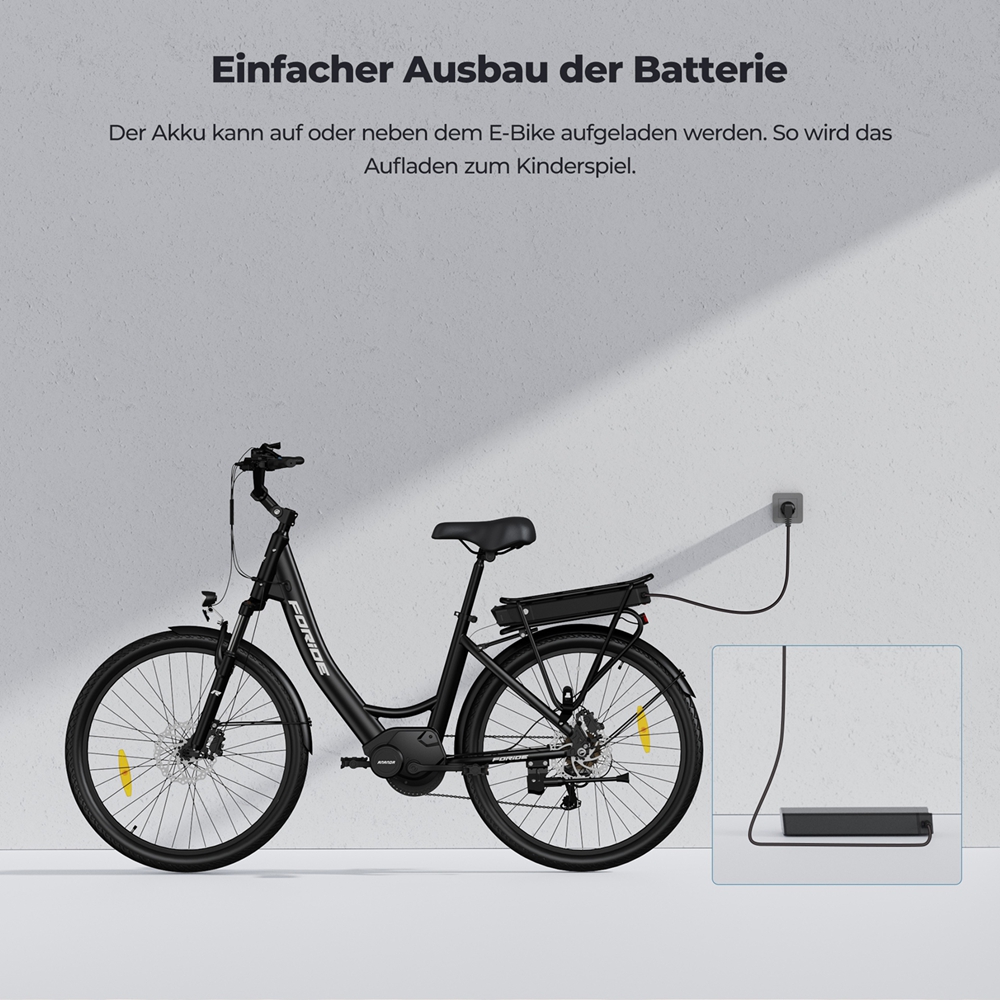 Foride Urbano 2 Elektrofahrrad, 250-W-Mittelmotor, 36-V-13-Ah-Akku, 26-Zoll-Reifen, 25 km/h H&ouml;chstgeschwindigkeit, 100 km Reichweite, hydraulische Scheibenbremse, Federung mit Sperre, Shimano 7-Gang