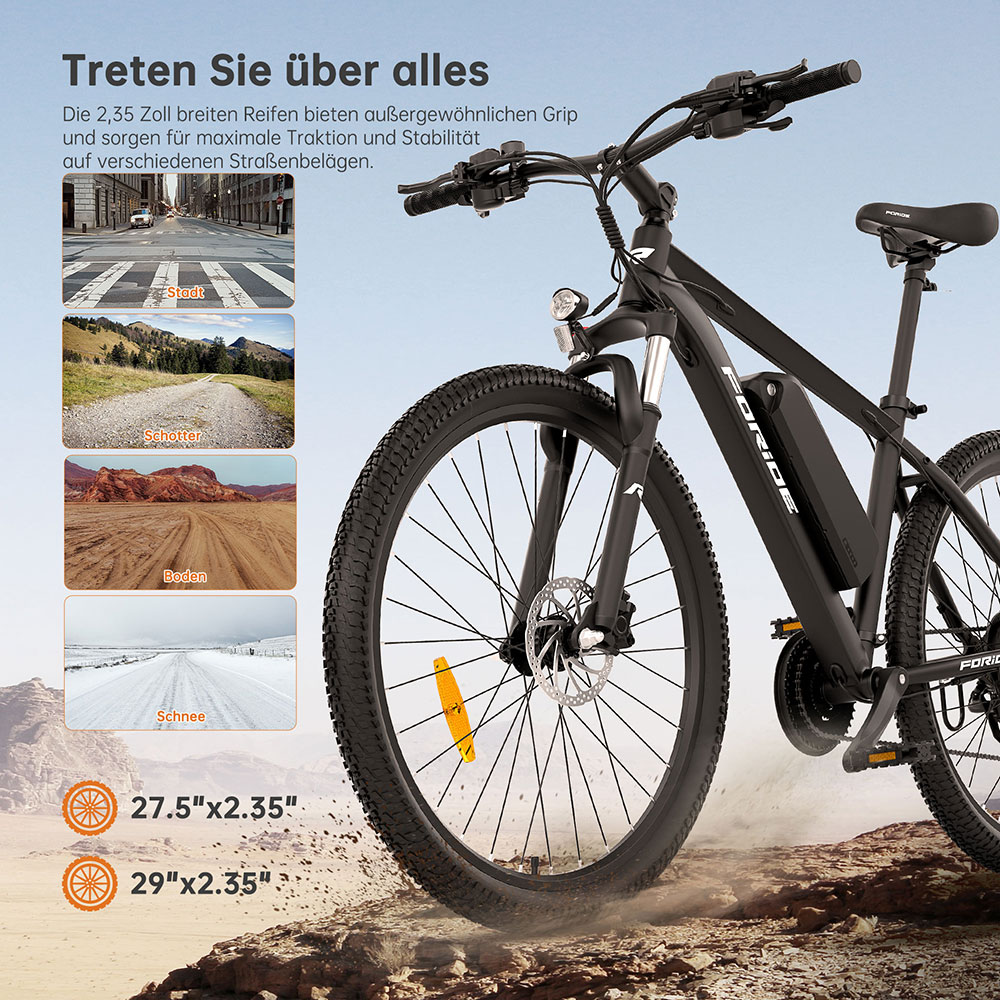 Foride Xtremer 2 Elektrofahrrad, 250W Motor, 36V 15,6Ah Akku, 29 x 2,35 Zoll Reifen, 25 km/h H&ouml;chstgeschwindigkeit, 120 km maximale Reichweite, hydraulische Scheibenbremse, feststellbare Federgabel, Shimano 24-Gang-Getriebe