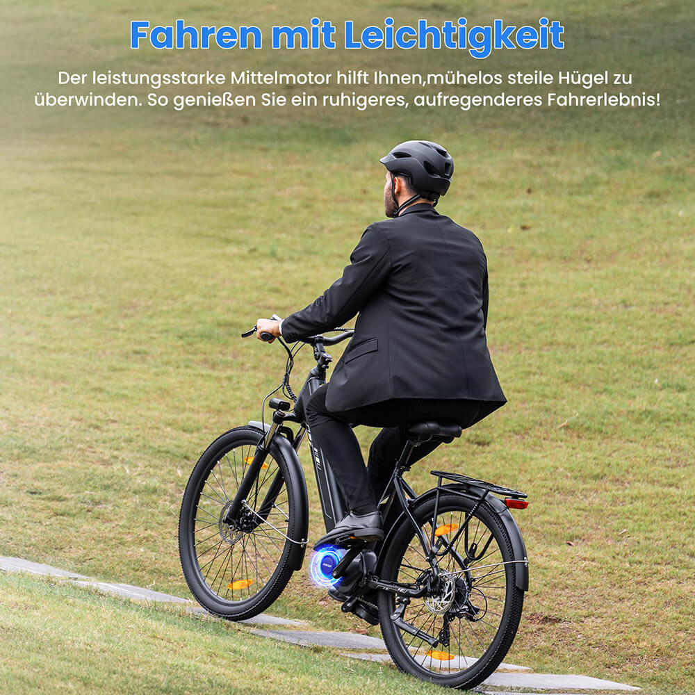Touroll Urbano 3 Elektrofahrrad, 250-W-Mittelmotor, 36-V-13-Ah-Akku, 27,5-Zoll-Reifen, 25 km/h H&ouml;chstgeschwindigkeit, 120 km Reichweite, hydraulische Scheibenbremse, Federgabel mit Verriegelung