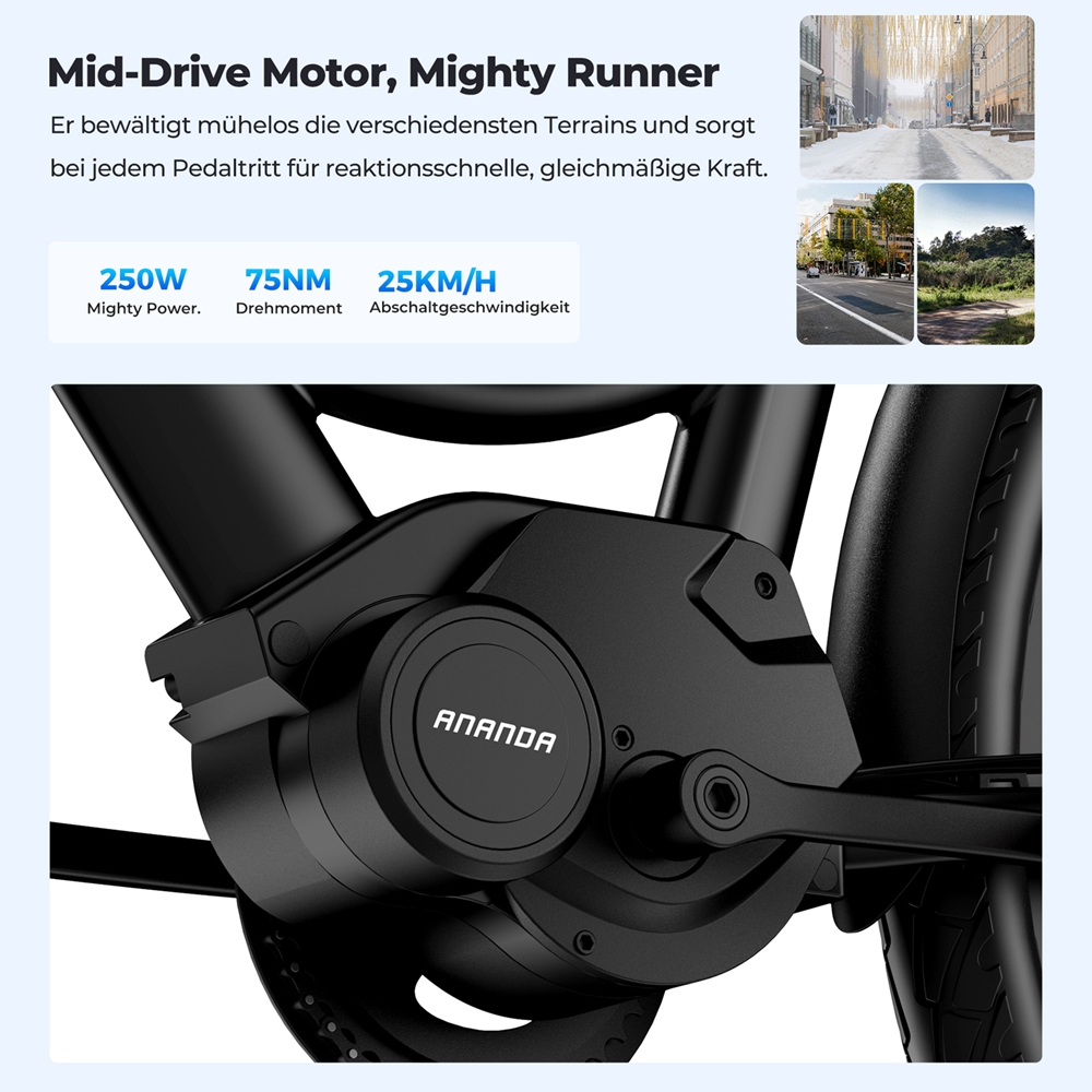 Foride Urbano 2 Elektrofahrrad, 250-W-Mittelmotor, 36-V-13-Ah-Akku, 26-Zoll-Reifen, 25 km/h H&ouml;chstgeschwindigkeit, 100 km Reichweite, hydraulische Scheibenbremse, Federung mit Sperre, Shimano 7-Gang