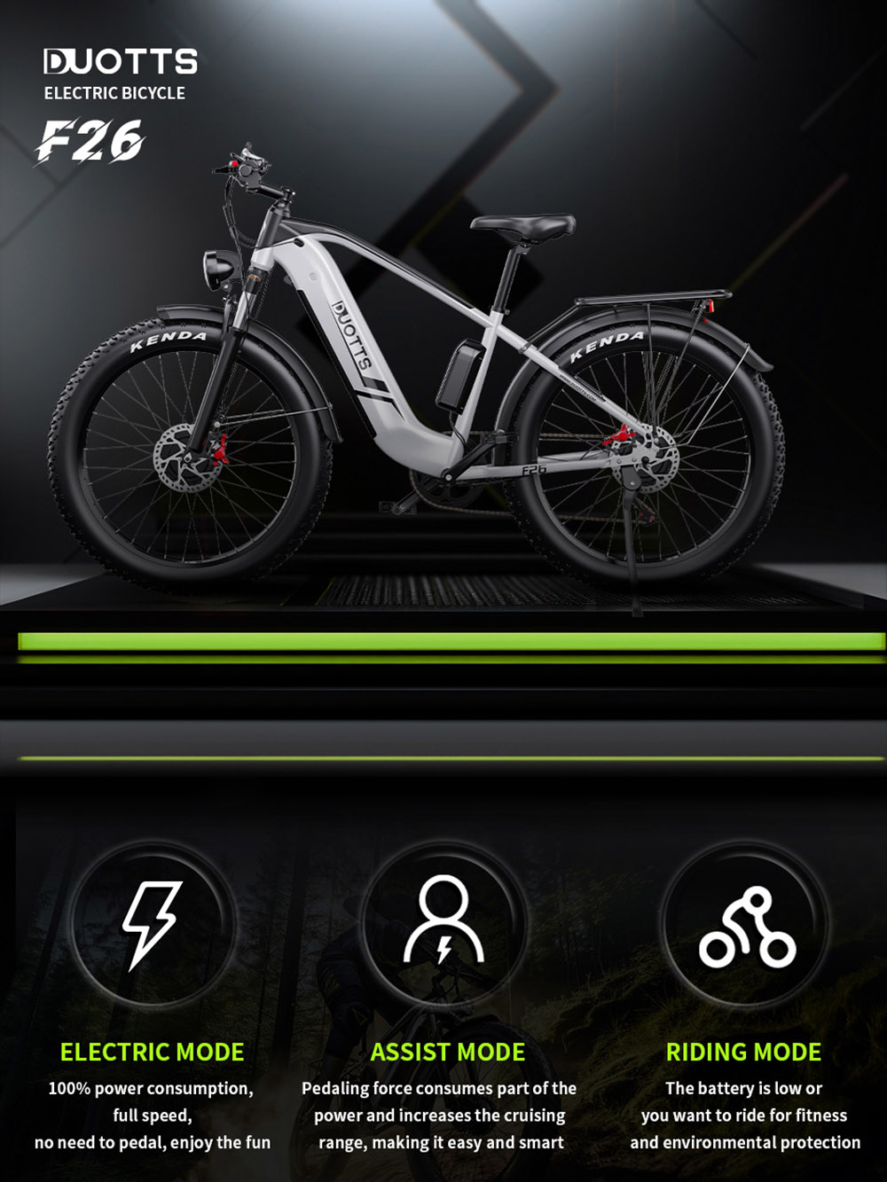DUOTTS F26 Vélo de montagne électrique, 750 W x 2 moteurs doubles, Batterie Samsung 48 V 20 Ah, Pneus larges 26 x 4,0 pouces, Vitesse maximale 55 km/h, Montée à 55 degrés, Écran couleur intelligent, Freins à disque doubles, APP, Charge maximale 150 kg, Portée 100 km, Application intelligente - Argent