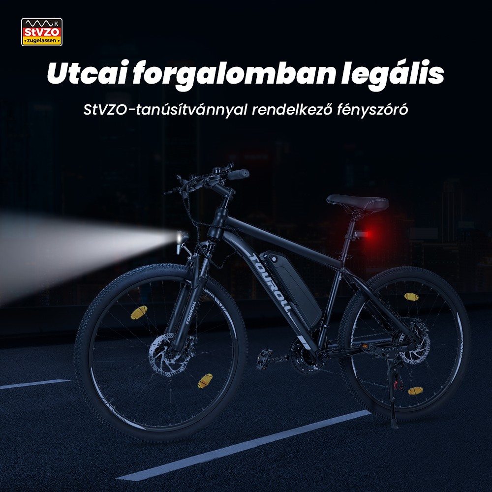 Touroll U1 26 h&uuml;velykes elektromos hegyiker&eacute;kp&aacute;r 250 W-os motorral, 36 V 13 Ah kivehető akkumul&aacute;torral, 65 km-es max. hat&oacute;t&aacute;vols&aacute;ggal, Shimano 21 sebess&eacute;ges hajt&aacute;sl&aacute;nccal, Shimano 21 sebess&eacute;ges t&aacute;rcsaf&eacute;kkel, IPX4 v&iacute;z&aacute;ll&oacute;s&aacute;ggal - fekete