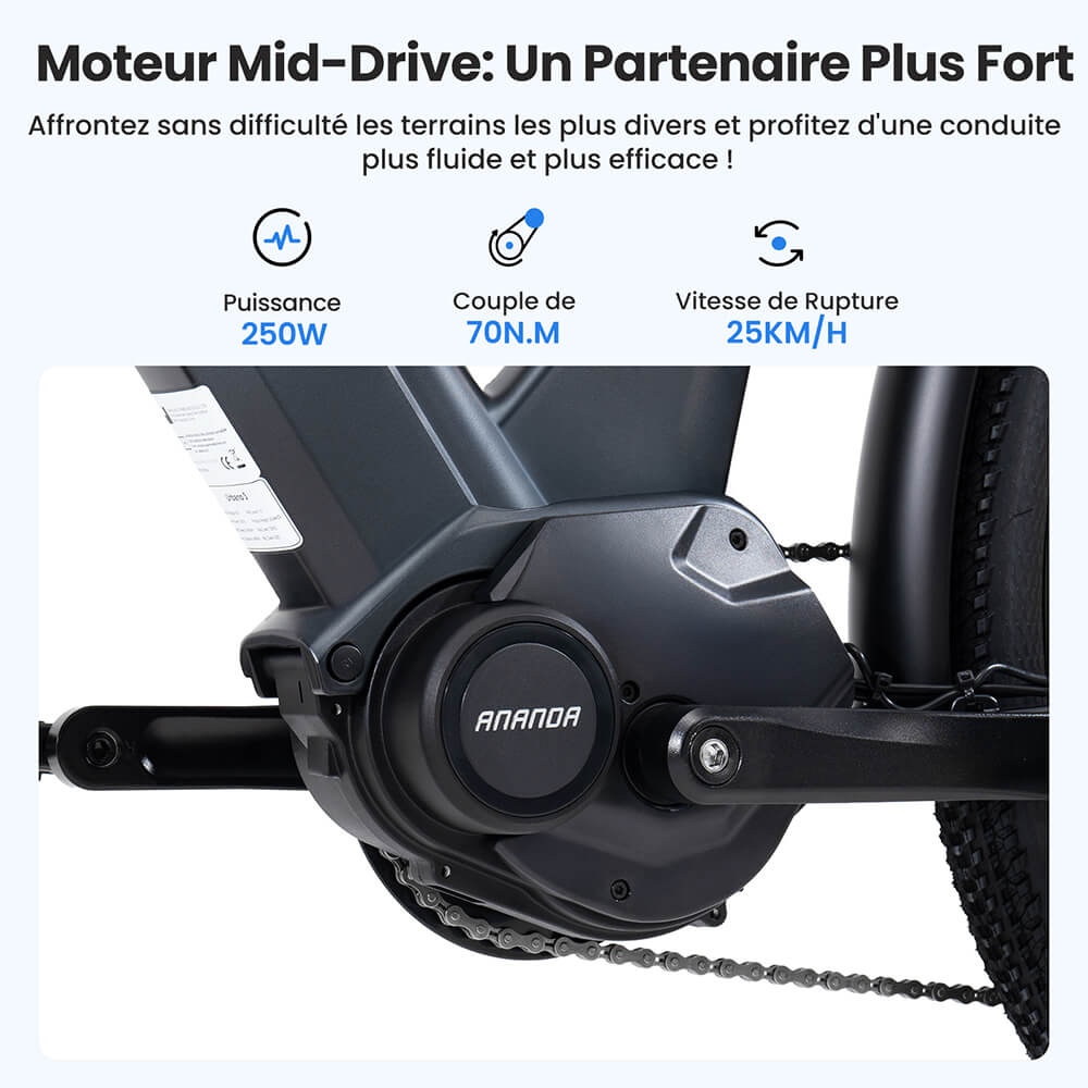 Touroll Urbano 3 V&eacute;lo &eacute;lectrique, moteur central 250 W, batterie 36 V 13 Ah, pneus 27,5 pouces, vitesse maximale 25 km/h, autonomie 120 km, frein &agrave; disque hydraulique, fourche &agrave; suspension avec blocage