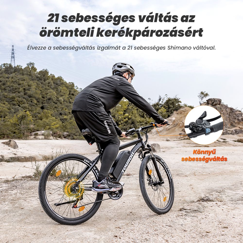 Touroll U1 26 h&uuml;velykes elektromos hegyiker&eacute;kp&aacute;r 250 W-os motorral, 36 V 13 Ah kivehető akkumul&aacute;torral, 65 km-es max. hat&oacute;t&aacute;vols&aacute;ggal, Shimano 21 sebess&eacute;ges hajt&aacute;sl&aacute;nccal, Shimano 21 sebess&eacute;ges t&aacute;rcsaf&eacute;kkel, IPX4 v&iacute;z&aacute;ll&oacute;s&aacute;ggal - fekete