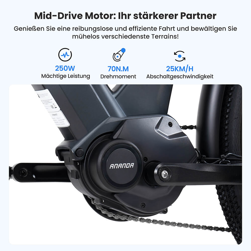 Touroll Urbano 3 Elektrofahrrad, 250-W-Mittelmotor, 36-V-13-Ah-Akku, 27,5-Zoll-Reifen, 25 km/h H&ouml;chstgeschwindigkeit, 120 km Reichweite, hydraulische Scheibenbremse, Federgabel mit Verriegelung