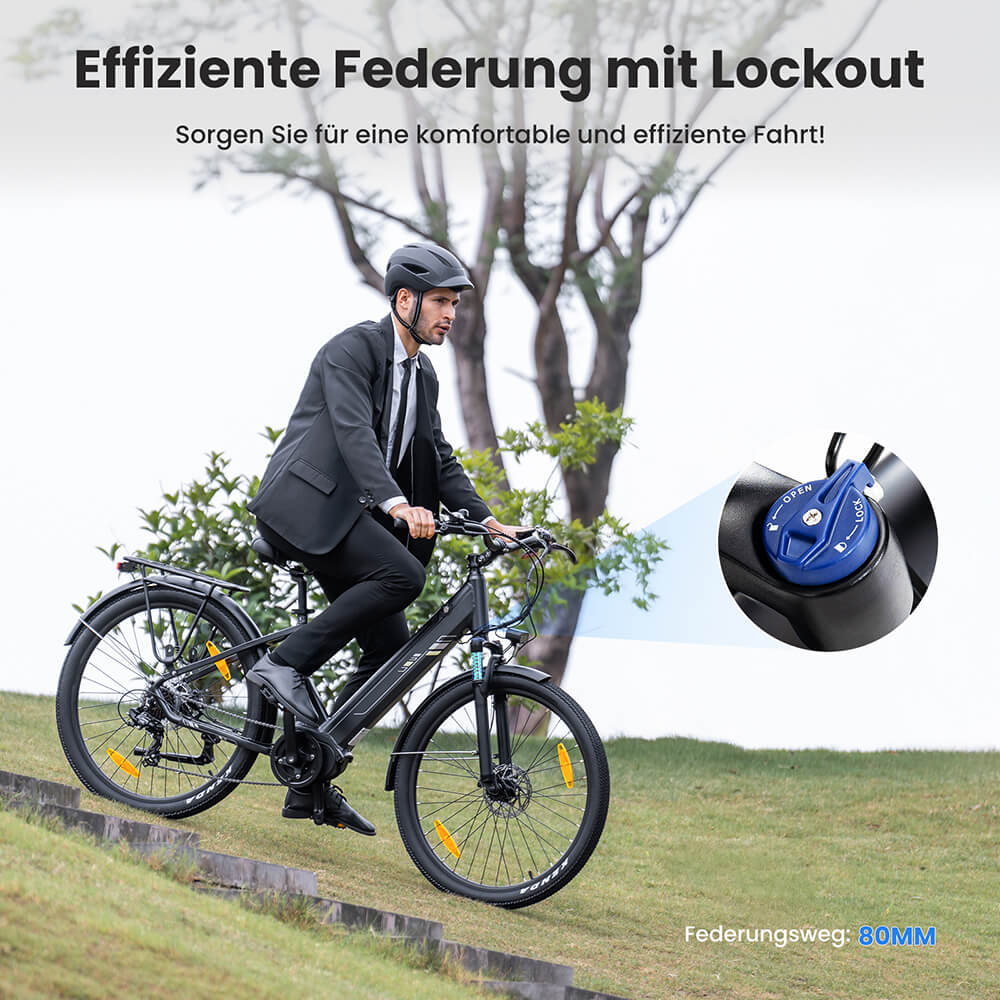 Touroll Urbano 3 Elektrofahrrad, 250-W-Mittelmotor, 36-V-13-Ah-Akku, 27,5-Zoll-Reifen, 25 km/h H&ouml;chstgeschwindigkeit, 120 km Reichweite, hydraulische Scheibenbremse, Federgabel mit Verriegelung