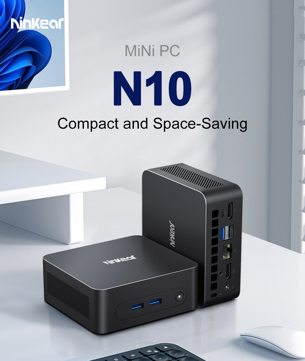 Ninkear N10 Mini PC, Intel N100 4 cœurs Max 3,4 GHz, 16 Go de RAM 512 Go SSD, 2 * HDMI 2.0 (4K à 60 Hz) double écran, 2,4 / 5 GHz WiFi Bluetooth 5.0, 1 * Type C, 3 * USB 3.0 1 * USB 2.0 1 * RJ45 1 * prise casque