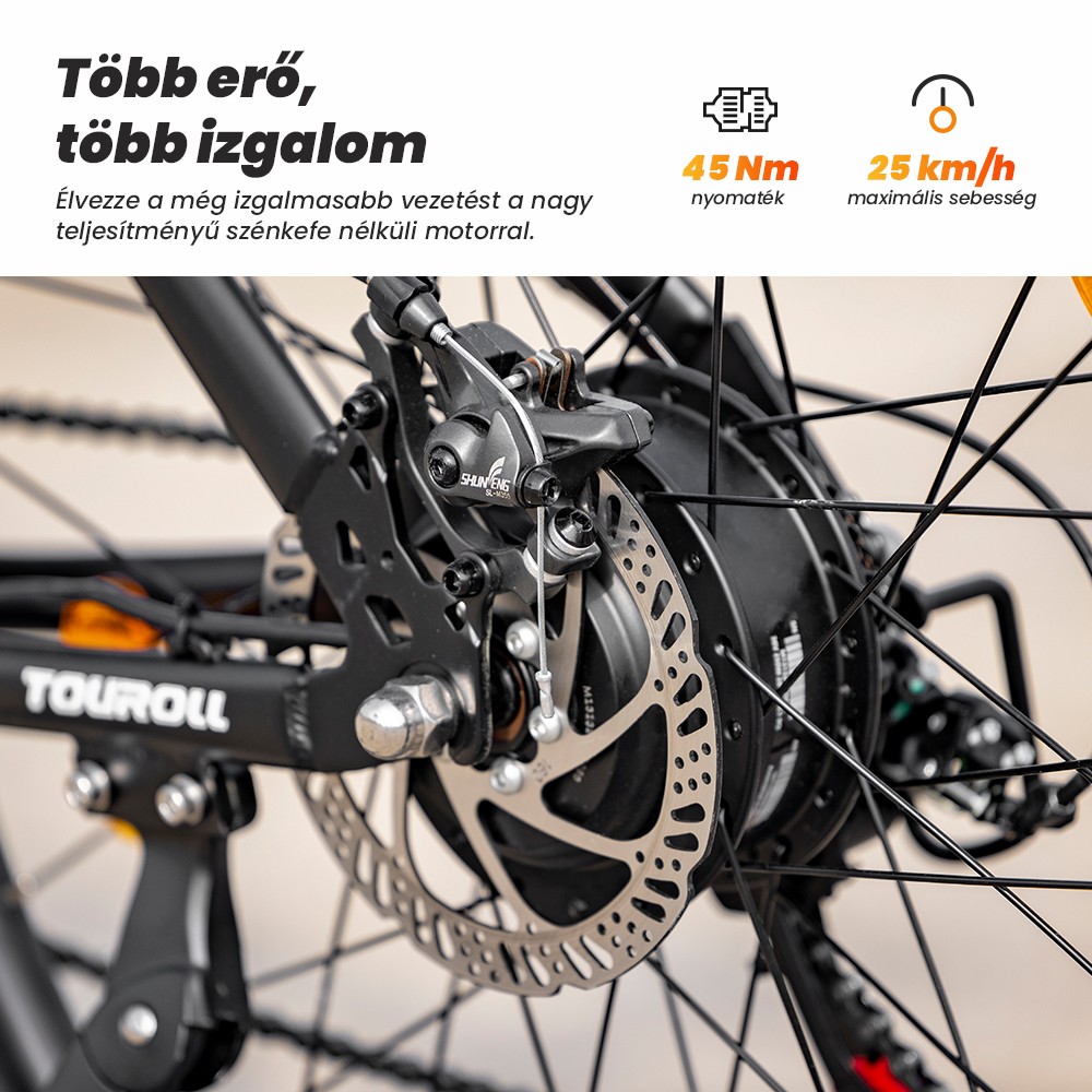 Touroll U1 26 h&uuml;velykes elektromos hegyiker&eacute;kp&aacute;r 250 W-os motorral, 36 V 13 Ah kivehető akkumul&aacute;torral, 65 km-es max. hat&oacute;t&aacute;vols&aacute;ggal, Shimano 21 sebess&eacute;ges hajt&aacute;sl&aacute;nccal, Shimano 21 sebess&eacute;ges t&aacute;rcsaf&eacute;kkel, IPX4 v&iacute;z&aacute;ll&oacute;s&aacute;ggal - fekete