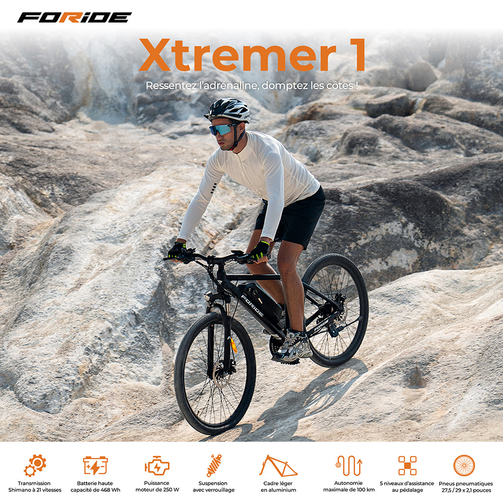 Foride Xtremer 1 Vélo électrique, moteur 250 W, batterie 36 V 13 Ah, pneus 29 pouces, vitesse maximale 25 km/h, autonomie maximale 100 km, freins à disque et freins à main, suspension avec blocage, transmission Shimano 21 vitesses