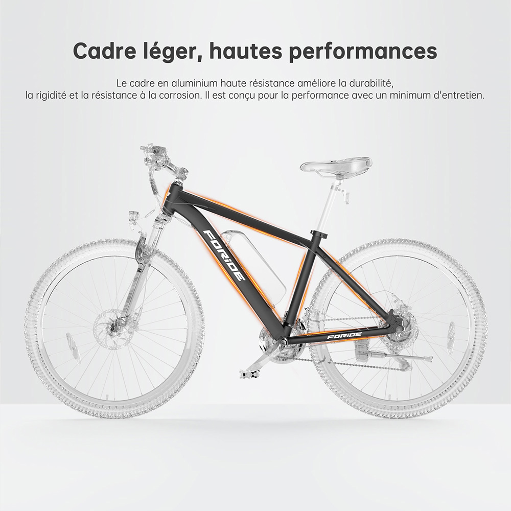 Foride Xtremer 2 V&eacute;lo &eacute;lectrique, moteur 250 W, batterie 36 V 15,6 Ah, pneus 29 pouces, vitesse maximale 25 km/h, autonomie maximale 120 km, frein &agrave; disque hydraulique, fourche &agrave; suspension verrouillable, transmission Shimano 24 vitesses