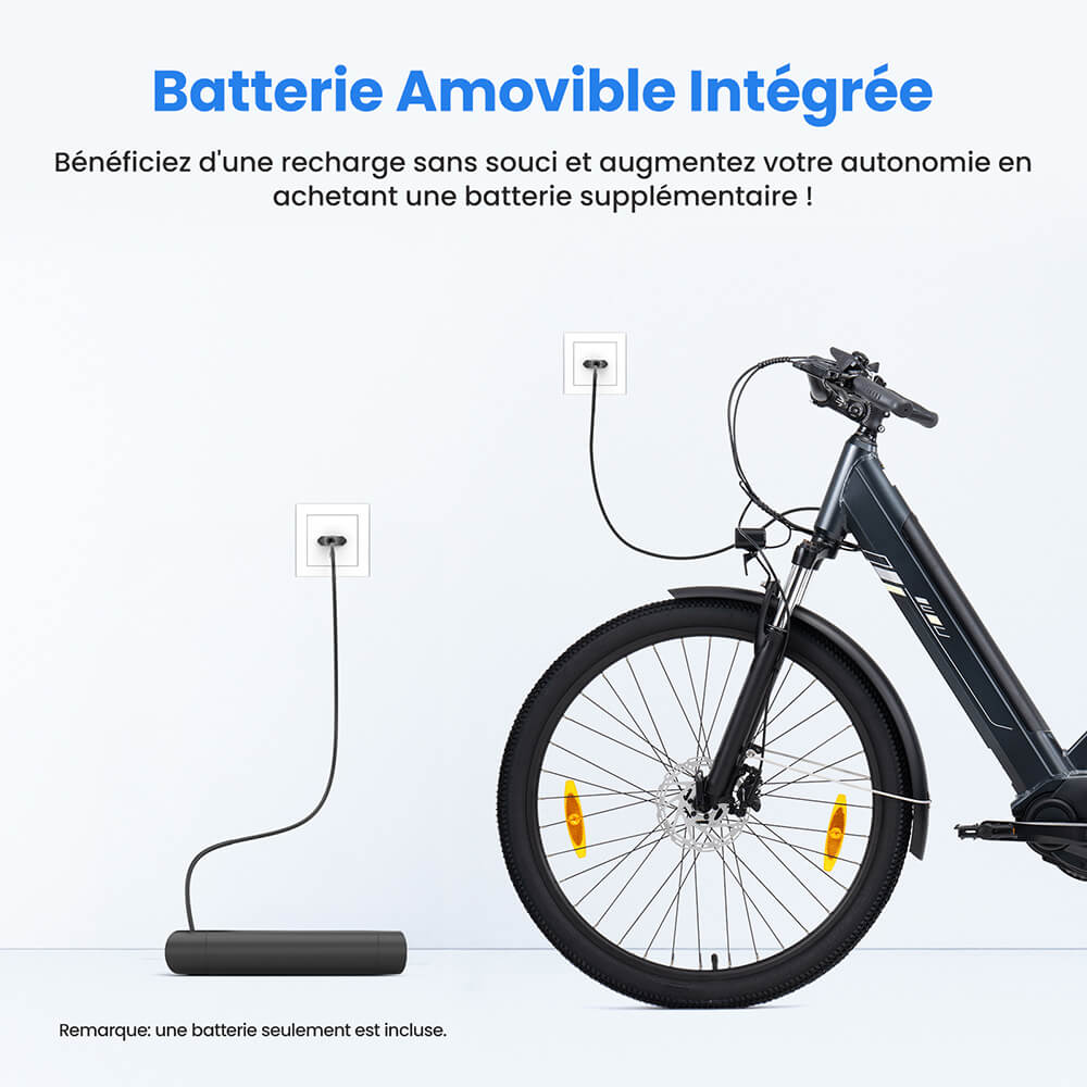Touroll Urbano 3 V&eacute;lo &eacute;lectrique, moteur central 250 W, batterie 36 V 13 Ah, pneus 27,5 pouces, vitesse maximale 25 km/h, autonomie 120 km, frein &agrave; disque hydraulique, fourche &agrave; suspension avec blocage