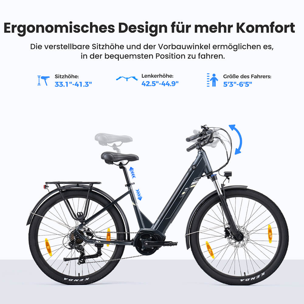 Touroll Urbano 3 Elektrofahrrad, 250-W-Mittelmotor, 36-V-13-Ah-Akku, 27,5-Zoll-Reifen, 25 km/h H&ouml;chstgeschwindigkeit, 120 km Reichweite, hydraulische Scheibenbremse, Federgabel mit Verriegelung