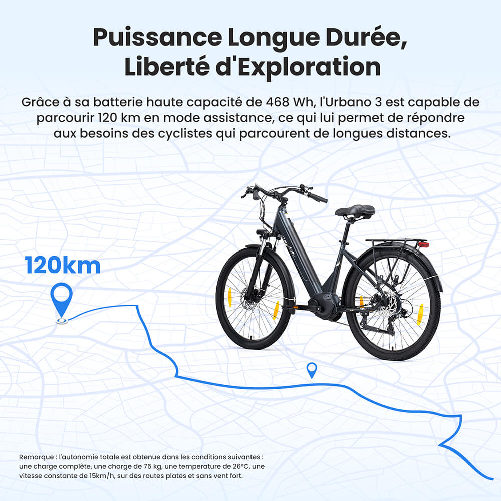 Touroll Urbano 3 V&eacute;lo &eacute;lectrique, moteur central 250 W, batterie 36 V 13 Ah, pneus 27,5 pouces, vitesse maximale 25 km/h, autonomie 120 km, frein &agrave; disque hydraulique, fourche &agrave; suspension avec blocage