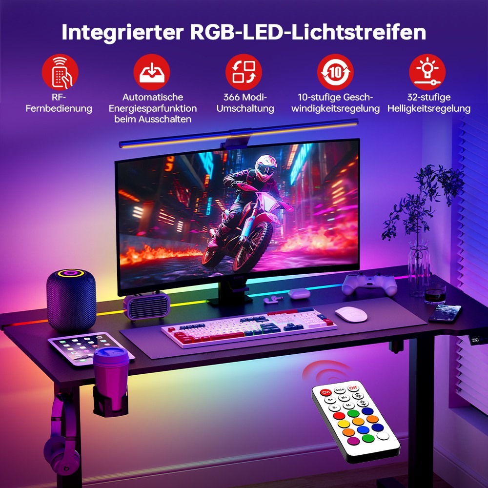 ACGAM JSD5-A1-02 Elektrisch h&ouml;henverstellbarer Schreibtisch mit RGB LED-Streifen