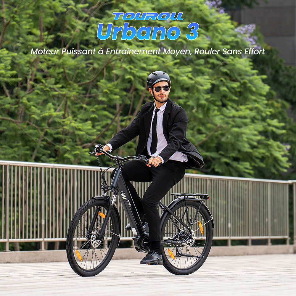 Touroll Urbano 3 V&eacute;lo &eacute;lectrique, moteur central 250 W, batterie 36 V 13 Ah, pneus 27,5 pouces, vitesse maximale 25 km/h, autonomie 120 km, frein &agrave; disque hydraulique, fourche &agrave; suspension avec blocage