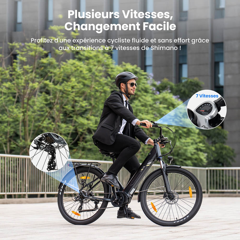 Touroll Urbano 3 V&eacute;lo &eacute;lectrique, moteur central 250 W, batterie 36 V 13 Ah, pneus 27,5 pouces, vitesse maximale 25 km/h, autonomie 120 km, frein &agrave; disque hydraulique, fourche &agrave; suspension avec blocage