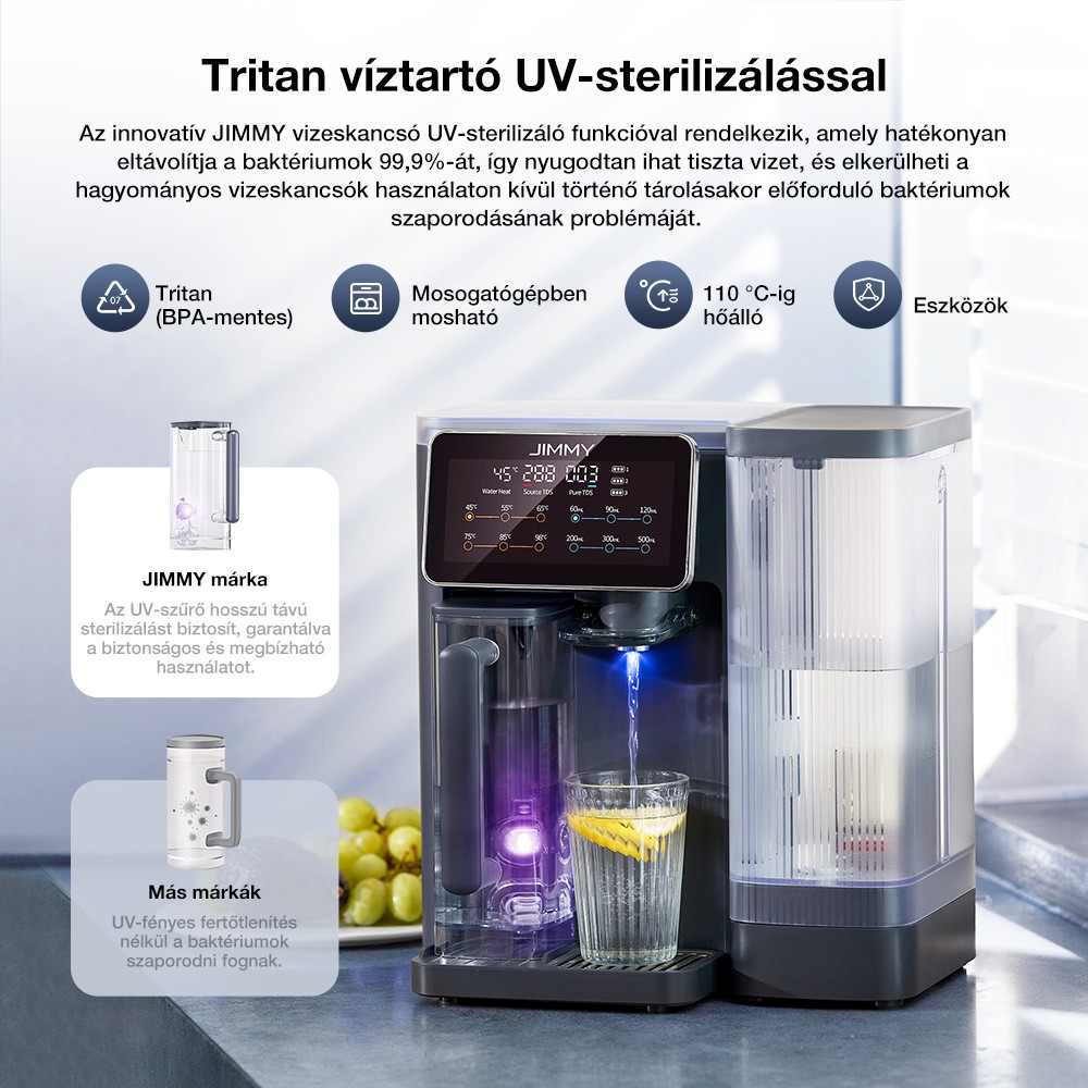 JIMMY R9 Asztali Reverz Ozm&oacute;zis V&iacute;zszűrő, 7 Fokozat + UV + &Aacute;sv&aacute;nyoz&aacute;s, 3s Melegv&iacute;z, 7 Hőfok, 3:1 Ar&aacute;ny, Sz&uuml;rke