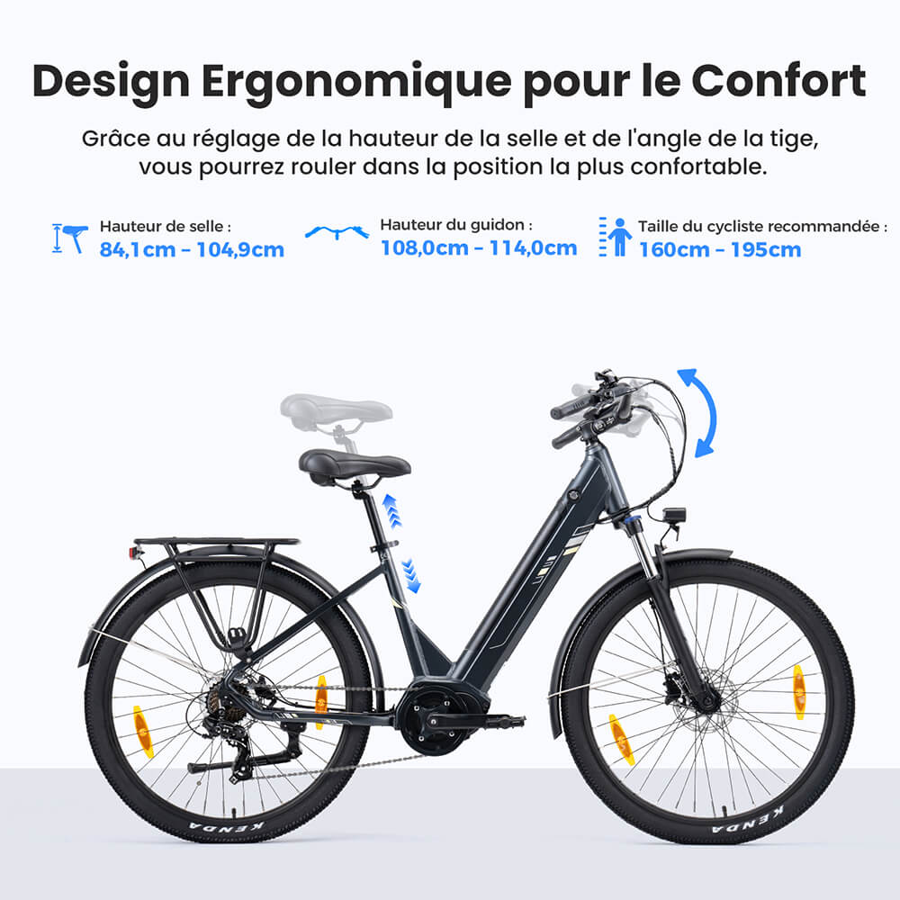 Touroll Urbano 3 V&eacute;lo &eacute;lectrique, moteur central 250 W, batterie 36 V 13 Ah, pneus 27,5 pouces, vitesse maximale 25 km/h, autonomie 120 km, frein &agrave; disque hydraulique, fourche &agrave; suspension avec blocage