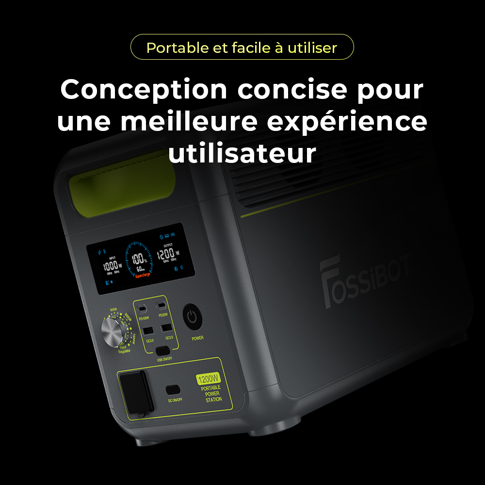 Centrale &eacute;lectrique portable FOSSiBOT F1200, capacit&eacute; de 1&nbsp;024 Wh, puissance nominale de 1&nbsp;200 W, 3 modes d'&eacute;clairage LED, 7 ports de sortie, protection BMS, commutation <&nbsp;10 ms, r&eacute;gulateur d'entr&eacute;e &agrave; 5 vitesses, batterie LiFePO4 de qualit&eacute; EV, plus de 4&nbsp;000 cycles