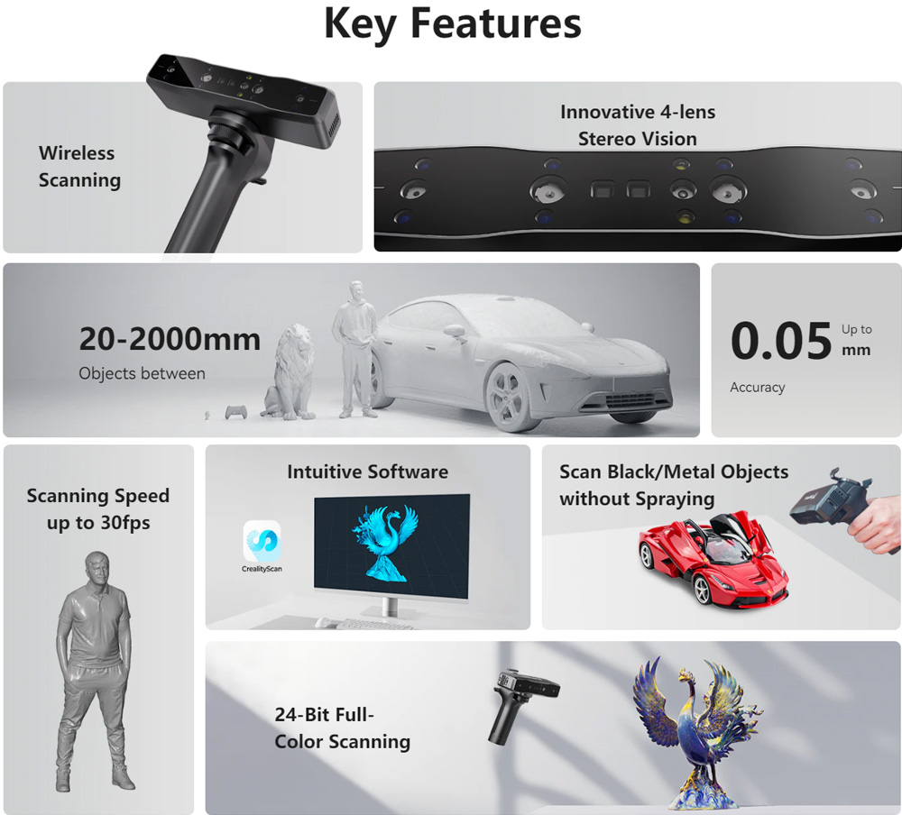 Creality CR Scan Otter Lite 3D Scanner, 0.05 mm accuracy, objects from 20 to 2,000 mm, 24-bit color scanning, face and body
