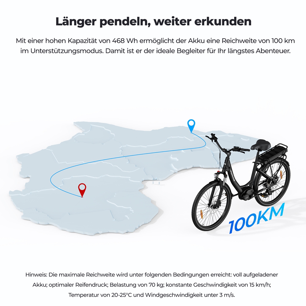 Foride Urbano 2 Elektrofahrrad, 250-W-Mittelmotor, 36-V-13-Ah-Akku, 26-Zoll-Reifen, 25 km/h H&ouml;chstgeschwindigkeit, 100 km Reichweite, hydraulische Scheibenbremse, Federung mit Sperre, Shimano 7-Gang