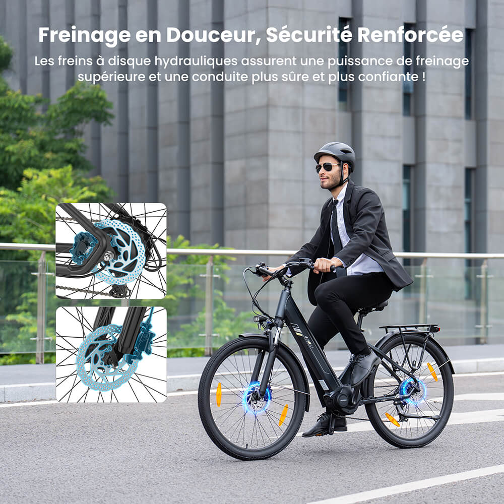 Touroll Urbano 3 V&eacute;lo &eacute;lectrique, moteur central 250 W, batterie 36 V 13 Ah, pneus 27,5 pouces, vitesse maximale 25 km/h, autonomie 120 km, frein &agrave; disque hydraulique, fourche &agrave; suspension avec blocage